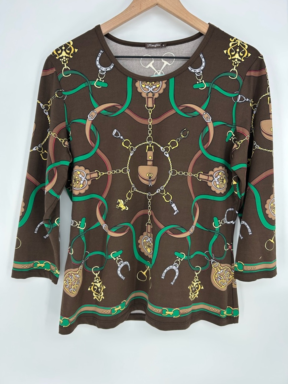 J. McLaughlin Brown Green Multi-Color Equestrian Print Long Sleeve Top